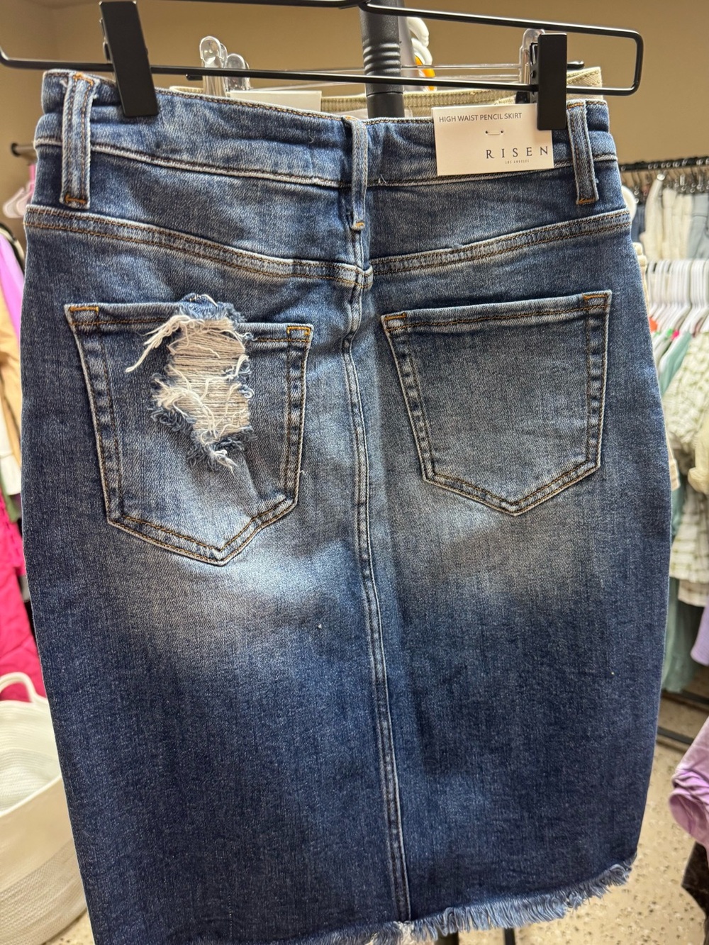 Risen Distressed Denim Pencil Skirt - Blue - Picture 2 of 3
